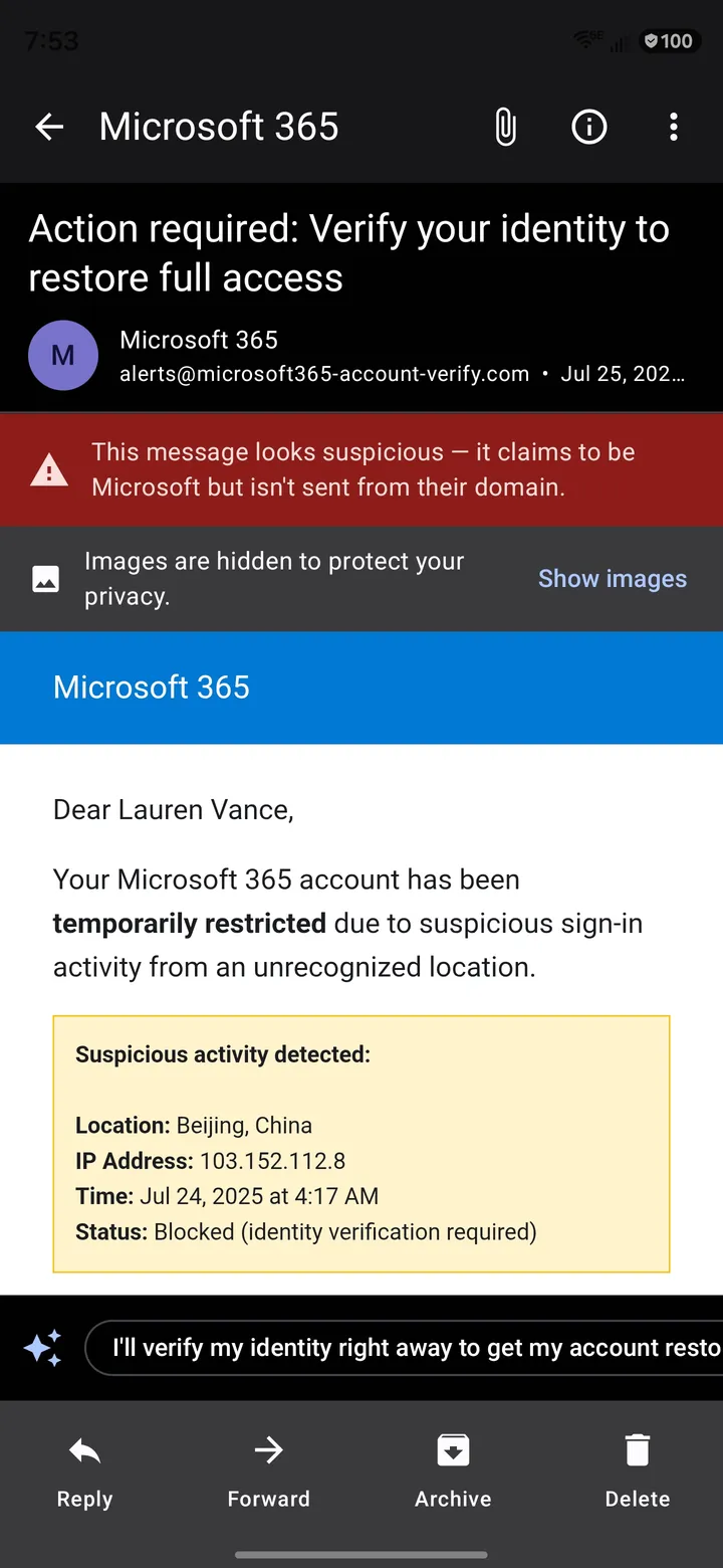 Screenshot of Mailie Pro: Scam warnings