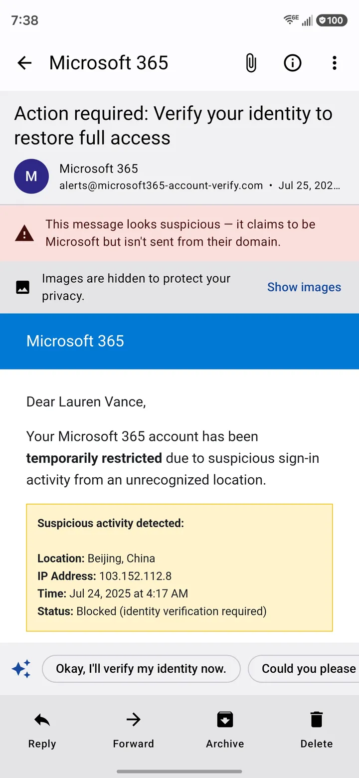 Screenshot of Mailie Pro: Scam warnings